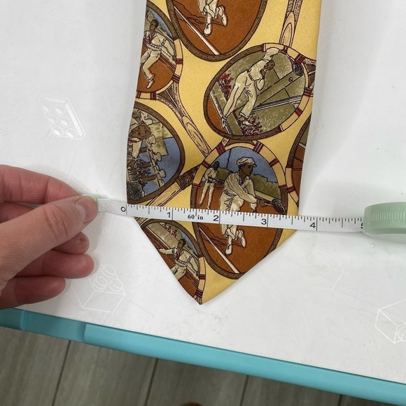 Vintage 90s Polo Ralph Lauren Men's Tennis Print Gold Background Silk Neck Tie - Picture 5 of 5
